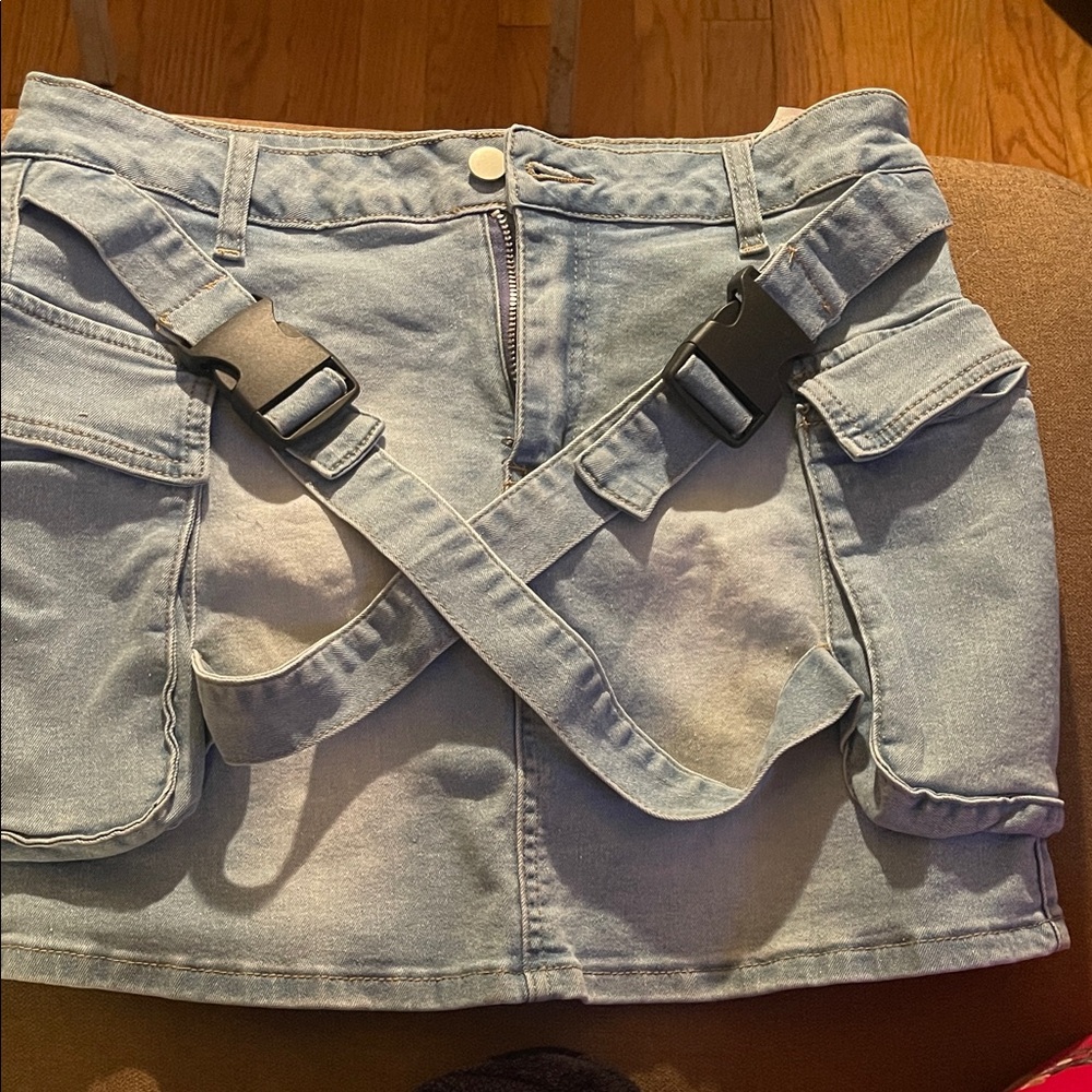 Light Blue Denim Skirt with Buckle Straps
